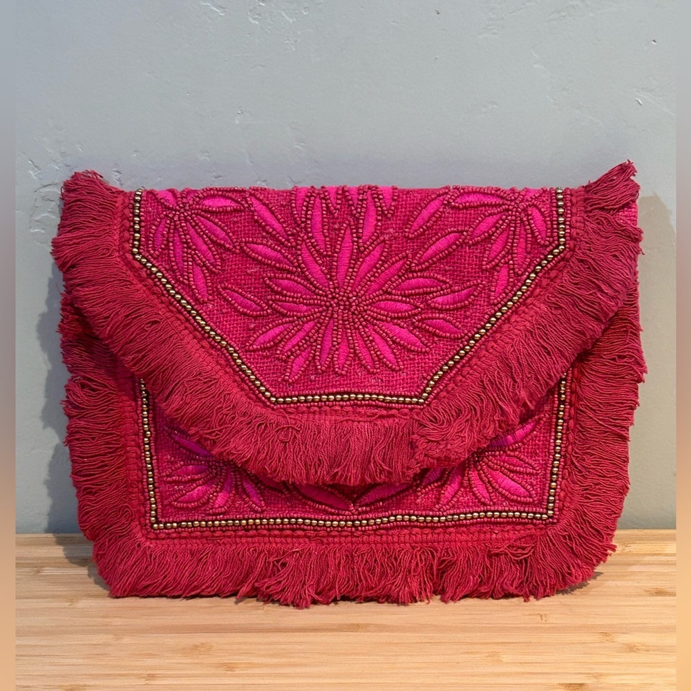 NATASHA Fuscia Embroidered Envelope Shoulder Bag With Floral Beaded Accents